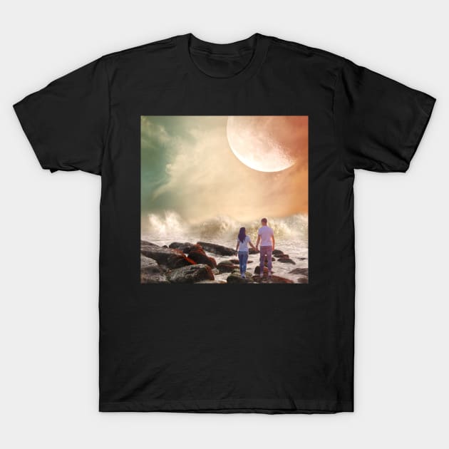 Valentine Wall Art - Holding hands on the shore - Unique Valentine Fantasy Planet Landsape - Photo print, canvas, artboard print, Canvas Print and T shirt T-Shirt by DigillusionStudio